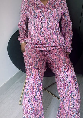 Ensemble chemise et pantalon fluide rose fushia