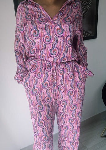 Ensemble chemise et pantalon fluide rose fushia